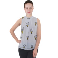 Pattern Leaves Daisies Print Mock Neck Chiffon Sleeveless Top by Cemarart