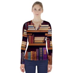 Book Nook Books Bookshelves Comfortable Cozy Literature Library Study Reading Room Fiction Entertain V-neck Long Sleeve Top by Maspions