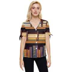 Book Nook Books Bookshelves Comfortable Cozy Literature Library Study Reading Room Fiction Entertain Bow Sleeve Button Up Top by Maspions