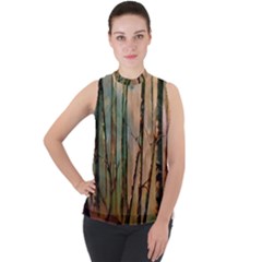 Woodland Woods Forest Trees Nature Outdoors Mist Moon Background Artwork Book Mock Neck Chiffon Sleeveless Top