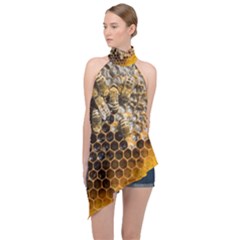 Honeycomb With Bees Halter Asymmetric Satin Top by Apen