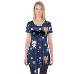 Cute Astronaut Cat With Star Galaxy Elements Seamless Pattern Short Sleeve Tunic  by Apen