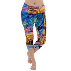 Eiffel Tower Starry Night Print Van Gogh Lightweight Velour Capri Yoga Leggings by Maspions