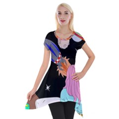 Girl Bed Space Planets Spaceship Rocket Astronaut Galaxy Universe Cosmos Woman Dream Imagination Bed Short Sleeve Side Drop Tunic by Maspions
