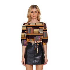 Book Nook Books Bookshelves Comfortable Cozy Literature Library Study Reading Room Fiction Entertain Mid Sleeve Drawstring Hem Top by Maspions