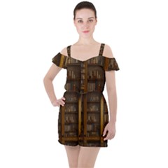 Books Book Shelf Shelves Knowledge Book Cover Gothic Old Ornate Library Ruffle Cut Out Chiffon Playsuit by Maspions