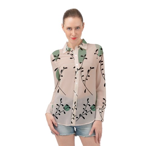Plants Pattern Design Branches Branch Leaves Botanical Boho Bohemian Texture Drawing Circles Nature Long Sleeve Chiffon Shirt by Maspions