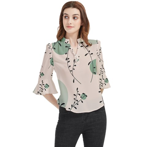 Plants Pattern Design Branches Branch Leaves Botanical Boho Bohemian Texture Drawing Circles Nature Loose Horn Sleeve Chiffon Blouse by Maspions