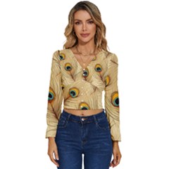 Vintage Peacock Feather Peacock Feather Pattern Background Nature Bird Nature Long Sleeve V-neck Top by Maspions