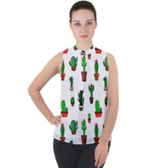 Cactus Plants Background Pattern Seamless Mock Neck Chiffon Sleeveless Top by Maspions