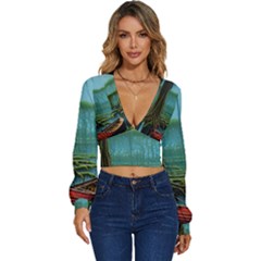 Boat Canoe Swamp Bayou Roots Moss Log Nature Scene Landscape Water Lake Setting Abandoned Rowboat Fi Long Sleeve Deep-v Velour Top by Posterlux