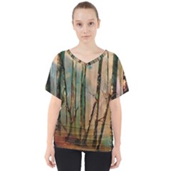 Woodland Woods Forest Trees Nature Outdoors Cellphone Wallpaper Mist Moon Background Artwork Book Co V-neck Dolman Drape Top by Grandong