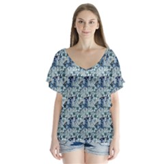 Blue Roses V-neck Flutter Sleeve Top by DinkovaArt