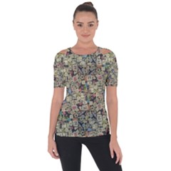 Sticker Collage Motif Pattern Black Backgrond Shoulder Cut Out Short Sleeve Top by dflcprintsclothing
