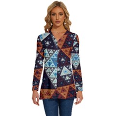 Fractal Triangle Geometric Abstract Pattern Long Sleeve Drawstring Hooded Top by Cemarart