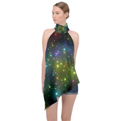 Stars Coloured Lights Background Halter Asymmetric Satin Top