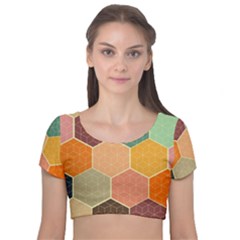 Abstract Hex Hexagon Grid Pattern Honeycomb Velvet Short Sleeve Crop Top  by Proyonanggan