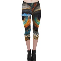 Eye Bird Feathers Vibrant Capri Leggings 