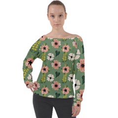 Flower Green Pink Pattern Floral Off Shoulder Long Sleeve Velour Top by anzea
