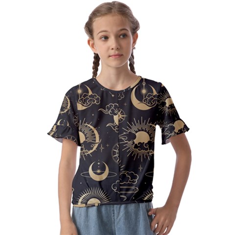 Asian Seamless Pattern With Clouds Moon Sun Stars Vector Collection Oriental Chinese Japanese Korean Kids  Cuff Sleeve Scrunch Bottom T-shirt by Grandong