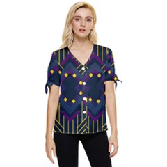 Line Square Pattern Violet Blue Yellow Design Bow Sleeve Button Up Top by Ravend