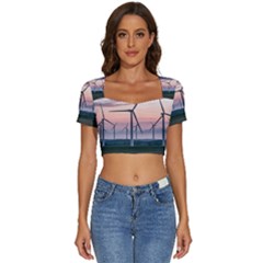 Wind Giants At Twilight Short Sleeve Square Neckline Crop Top  by Tellerarts