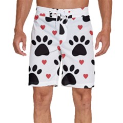 Dog Paw Vector Seamless Pattern With Hearts Men s Beach Shorts by Perong