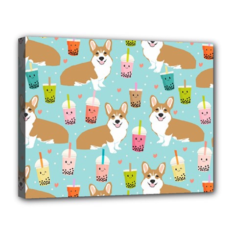 Corgi Boba Tea Bubble Tea Kawaii Food Welsh Corgis Dog Pattern Canvas 14  X 11  (stretched) by Perong