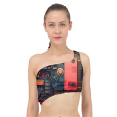 Tech Technology Pattern Spliced Up Bikini Top 