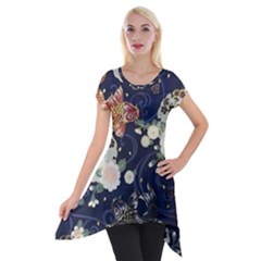 Japanese Wave Koi Illustration Pattern Short Sleeve Side Drop Tunic by Ndabl3x