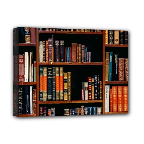 Assorted Title Of Books Piled In The Shelves Assorted Book Lot Inside The Wooden Shelf Deluxe Canvas 16  X 12  (stretched) 