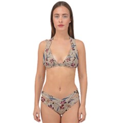 Leaves Pattern Teal Seamless Fall Double Strap Halter Bikini Set by Posterlux