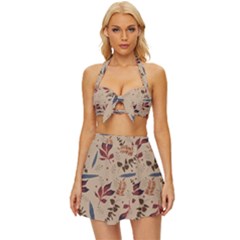Leaves Pattern Teal Seamless Fall Vintage Style Bikini Top And Skirt Set  by Posterlux