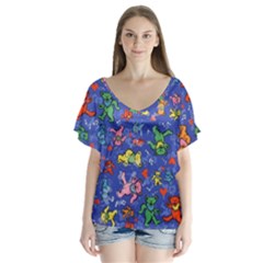 Grateful Dead Dancing Bears Pattern V-neck Flutter Sleeve Top by Salmanaz77