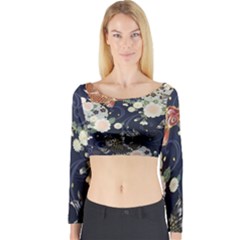 Japanese Wave Koi Illustration Pattern Long Sleeve Crop Top