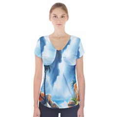 Delicate Watercolor Painting Surreal Oasis Scene With Intense Dramatic Lighting Short Sleeve Front Detail Top by pollyparadiseartshop