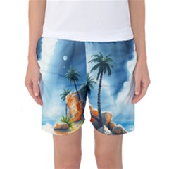 Delicate Watercolor Painting Surreal Oasis Scene With Intense Dramatic Lighting Women s Basketball Shorts by pollyparadiseartshop
