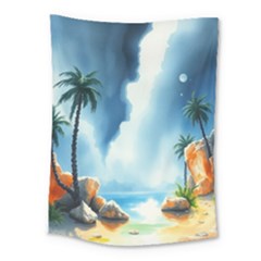 Delicate Watercolor Painting Surreal Oasis Scene With Intense Dramatic Lighting Medium Tapestry