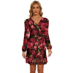 Floral Buds Of Roses Beautiful Flowers Long Sleeve Waist Tie Ruffle Velvet Dress by Grandong