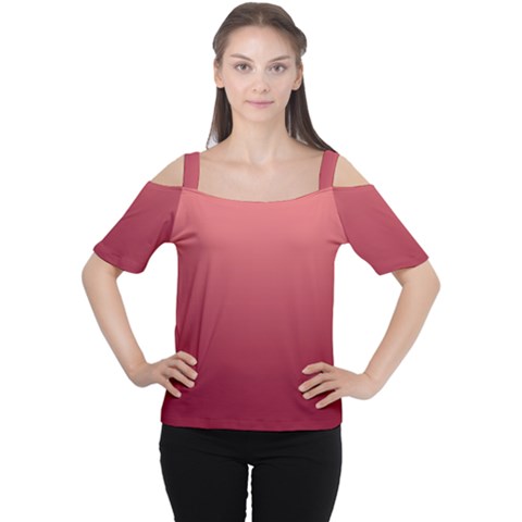 Coral Pink To Burgundy Red Linear Gradient Cutout Shoulder T-shirt by GradientsOmbre