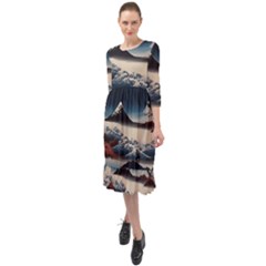 Hokusai Moutains Japan Ruffle End Midi Chiffon Dress by Bedest