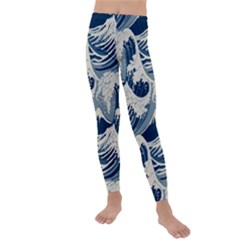 Japanese Wave Pattern Kids  Lightweight Velour Leggings by Cemarart