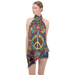 Peace Abstract Pattern Creative Drawing Halter Asymmetric Satin Top