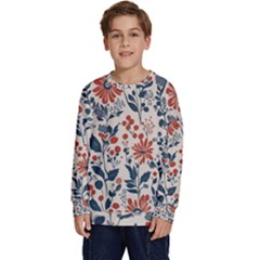 Retro Scandinavian Nordic Flowers Pattern Kids  Crewneck Sweatshirt by violetheavensky