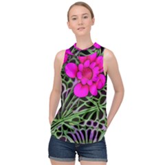 Mid Century Retro Floral 1970s 1960s Pattern 99 High Neck Satin Top