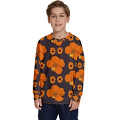 Retro 40s 50s Flowers Pattern Halloween 2 Kids  Crewneck Sweatshirt by violetheavensky