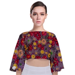 Mid Century Retro Floral 1970s 1960s Pattern 90 Tie Back Butterfly Sleeve Chiffon Top by violetheavensky