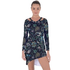 Pattern Flower Plants Leaves Nature Asymmetric Cut-out Shift Dress