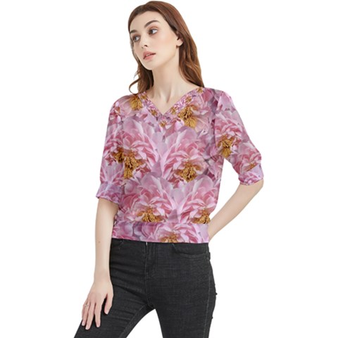 Peonies Nature Bloom Blossom Pink Quarter Sleeve Blouse by Tsamara