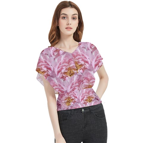 Peonies Nature Bloom Blossom Pink Butterfly Chiffon Blouse by Tsamara